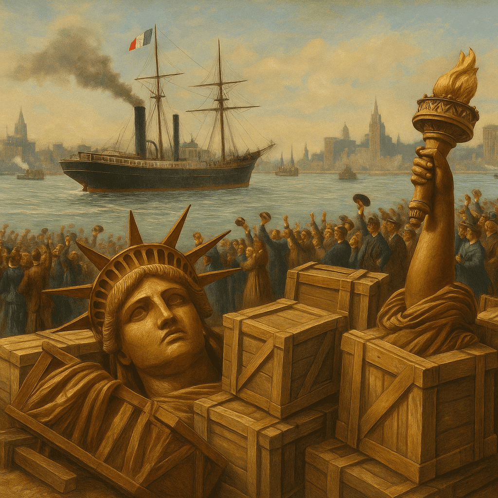 Historical scene depicting the arrival of the Statue of Liberty components
